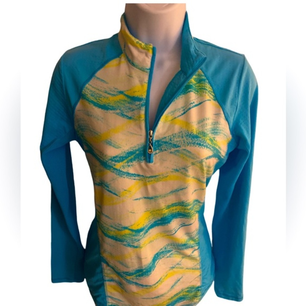 San Soleil UPF 59 Quarter Zip Top - XS blue yellow white , nylon spandex